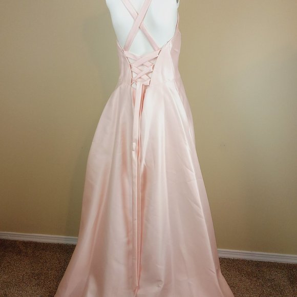 Alfred Sung Crisscross Back Dress Gown Women's Size 12 Blush Pink Satin D763 - Picture 6 of 9